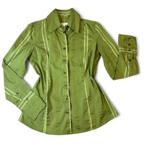 Y2K Merona Olive Green Striped Button-Down Shirt Women’s Small Blouse